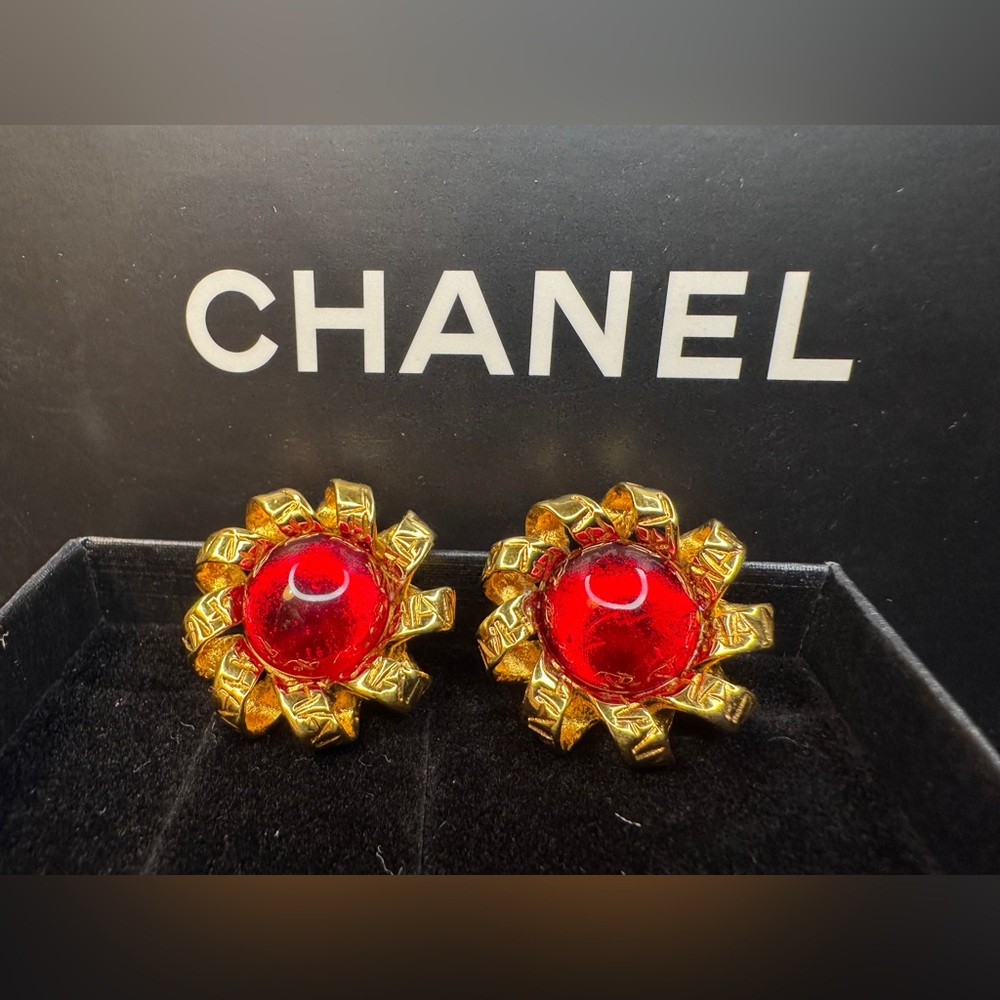 Chanel Vintage Gold and Red Gripoix Earrings